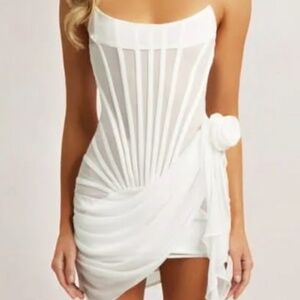 Heiress Beverly Hills White Chiffon Mesh Corset Flower Drape Mini Dress, XS